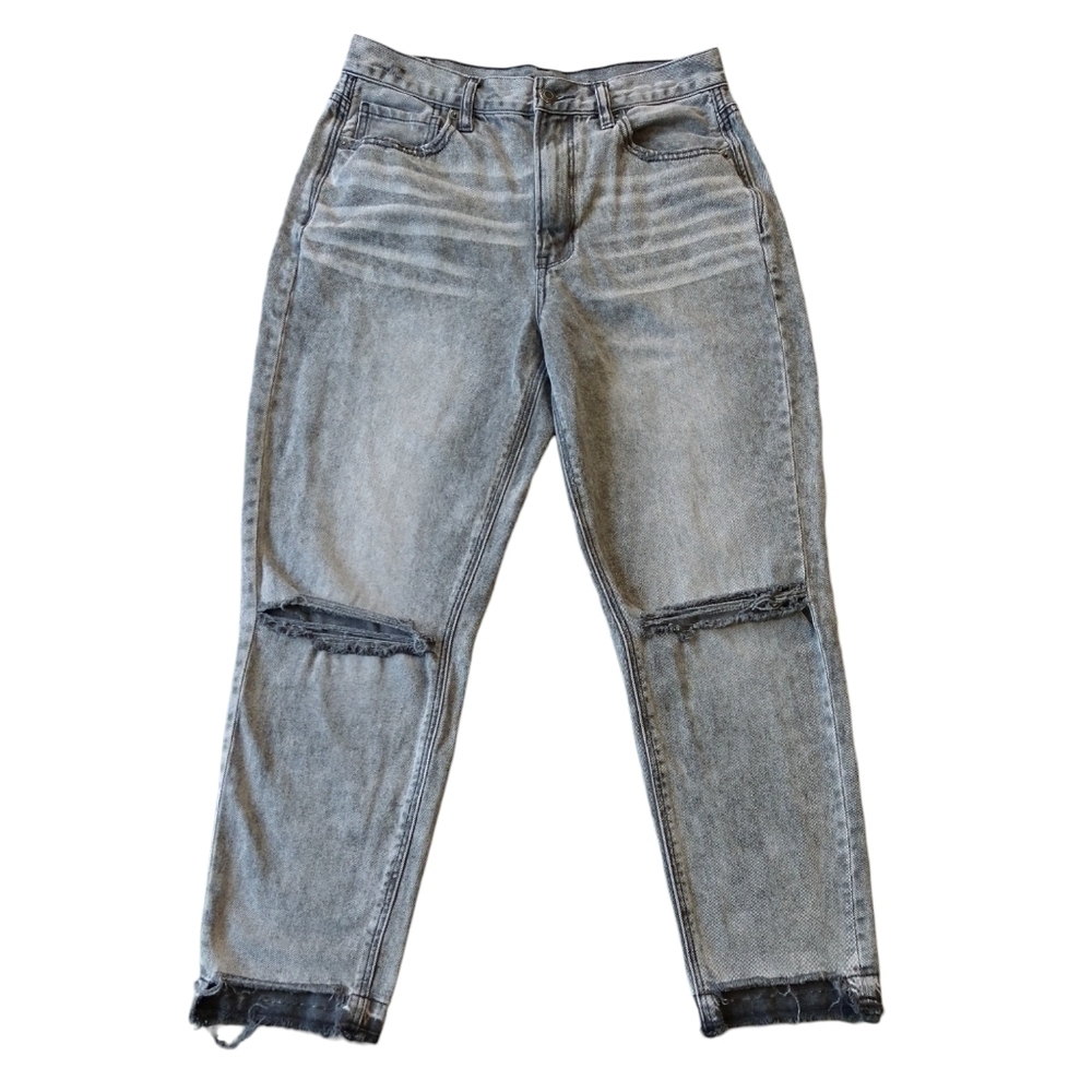 American Eagle Gray Mom Jeans Distressed Raw Step Hem Modern PETITE